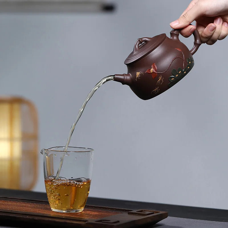 Yipin Qinglian-Handmade Mud-painted Lotus Teapot, Zisha Teapot, Yixing Handmade Pot, Kung-Fu Teaware, Purple Clay Drinkware