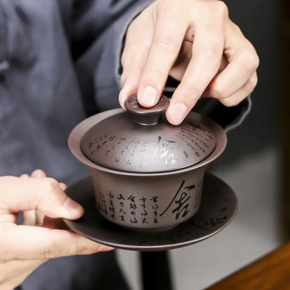 Yixing-Ceramic Kungfu Tea Maker Set, Retro Carving, Household Tea Cup, Single Cup, Cover Bowl, Purple, Kungfu, Sancai, 178ml