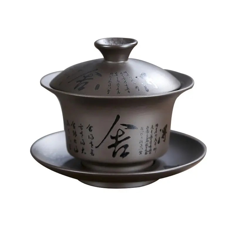 Yixing-Ceramic Kungfu Tea Maker Set, Retro Carving, Household Tea Cup, Single Cup, Cover Bowl, Purple, Kungfu, Sancai, 178ml