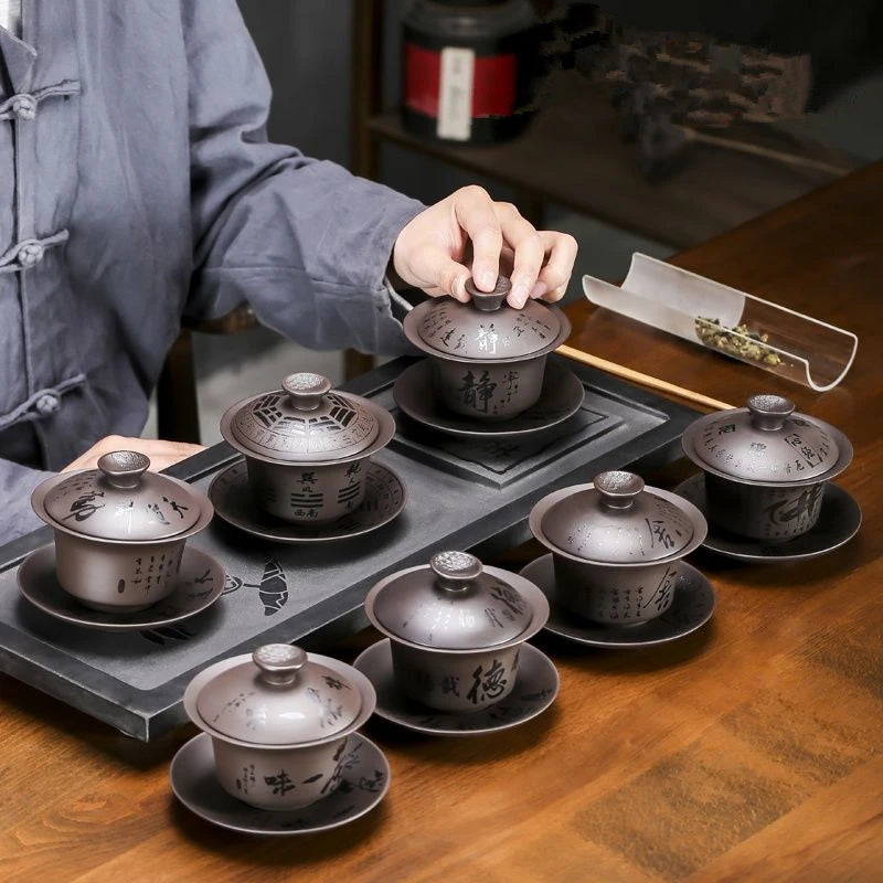 Yixing-Ceramic Kungfu Tea Maker Set, Retro Carving, Household Tea Cup, Single Cup, Cover Bowl, Purple, Kungfu, Sancai, 178ml