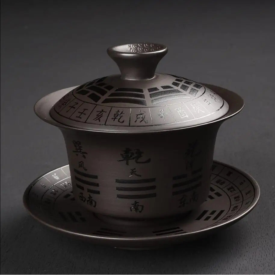 Yixing-Ceramic Kungfu Tea Maker Set, Retro Carving, Household Tea Cup, Single Cup, Cover Bowl, Purple, Kungfu, Sancai, 178ml