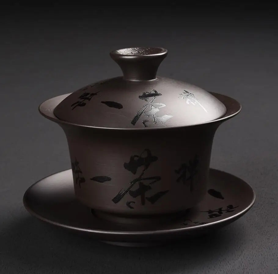 Yixing-Ceramic Kungfu Tea Maker Set, Retro Carving, Household Tea Cup, Single Cup, Cover Bowl, Purple, Kungfu, Sancai, 178ml