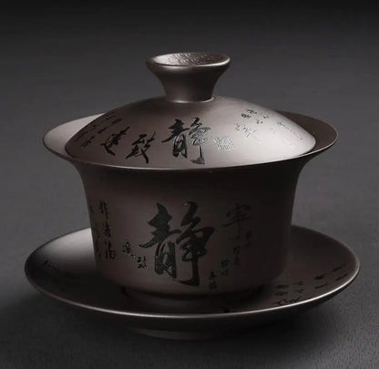 Yixing-Ceramic Kungfu Tea Maker Set, Retro Carving, Household Tea Cup, Single Cup, Cover Bowl, Purple, Kungfu, Sancai, 178ml