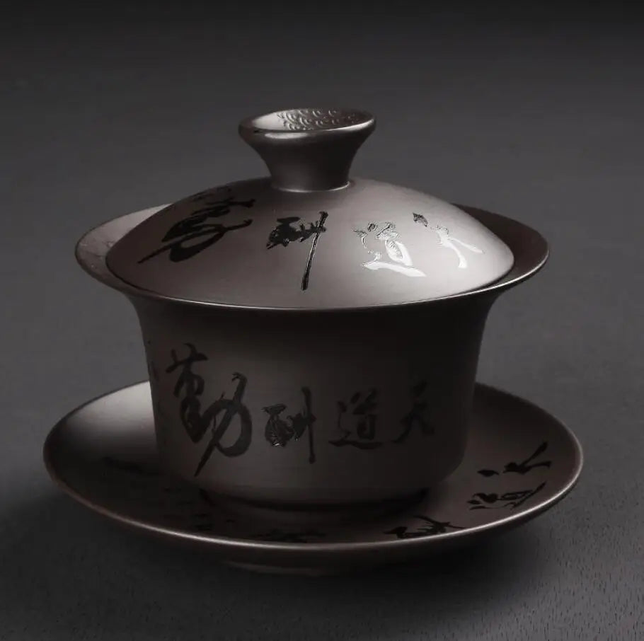 Yixing-Ceramic Kungfu Tea Maker Set, Retro Carving, Household Tea Cup, Single Cup, Cover Bowl, Purple, Kungfu, Sancai, 178ml