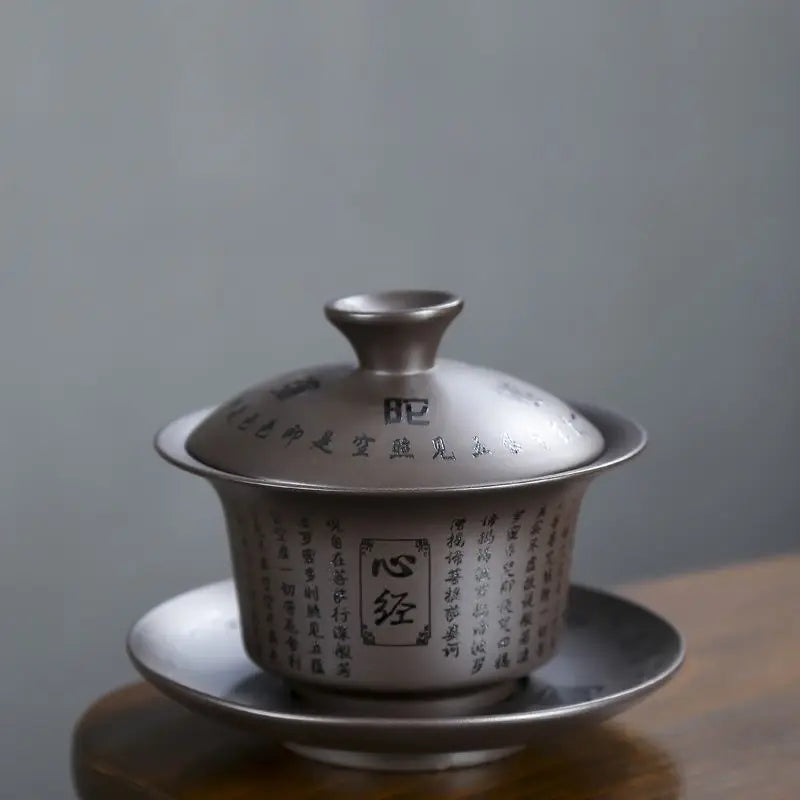 Yixing-Ceramic Kungfu Tea Maker Set, Retro Carving, Household Tea Cup, Single Cup, Cover Bowl, Purple, Kungfu, Sancai, 178ml