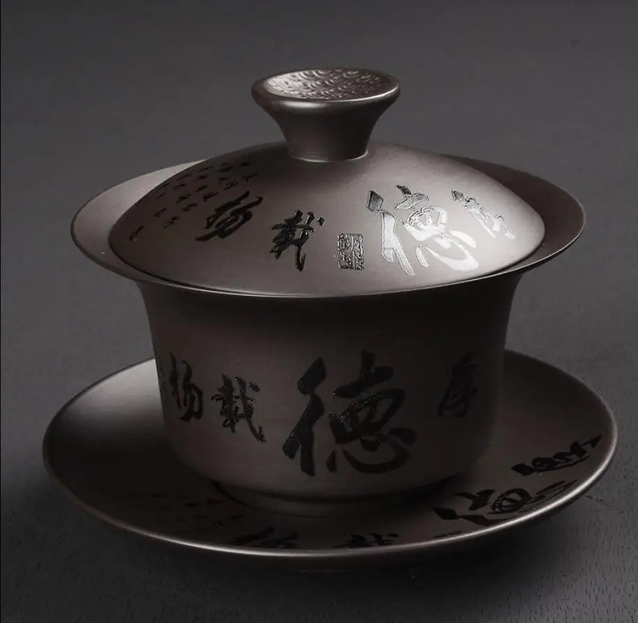 Yixing-Ceramic Kungfu Tea Maker Set, Retro Carving, Household Tea Cup, Single Cup, Cover Bowl, Purple, Kungfu, Sancai, 178ml