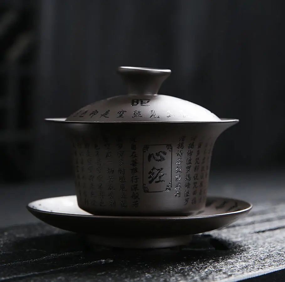 Yixing-Ceramic Kungfu Tea Maker Set, Retro Carving, Household Tea Cup, Single Cup, Cover Bowl, Purple, Kungfu, Sancai, 178ml