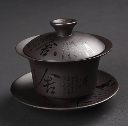 Yixing-Ceramic Kungfu Tea Maker Set, Retro Carving, Household Tea Cup, Single Cup, Cover Bowl, Purple, Kungfu, Sancai, 178ml