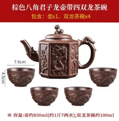 Yixing Clay Zisha Teapot, Large Handmade Dragon Teapot, Single Pot Ceramic Household Kungfu Tea Set, Tea Cup Set