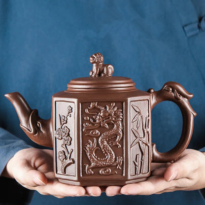 Yixing Clay Zisha Teapot, Large Handmade Dragon Teapot, Single Pot Ceramic Household Kungfu Tea Set, Tea Cup Set