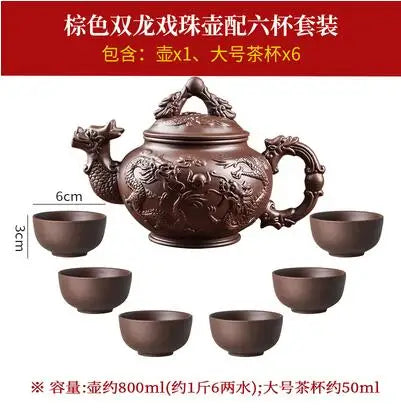 Yixing Clay Zisha Teapot, Large Handmade Dragon Teapot, Single Pot Ceramic Household Kungfu Tea Set, Tea Cup Set