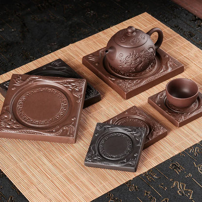 Yixing Double Dragon Purple Clay Teapot Tray, Cup Saucer, Pot Holder, Heat Insulation Coaster, Kungfu Tea Accessories