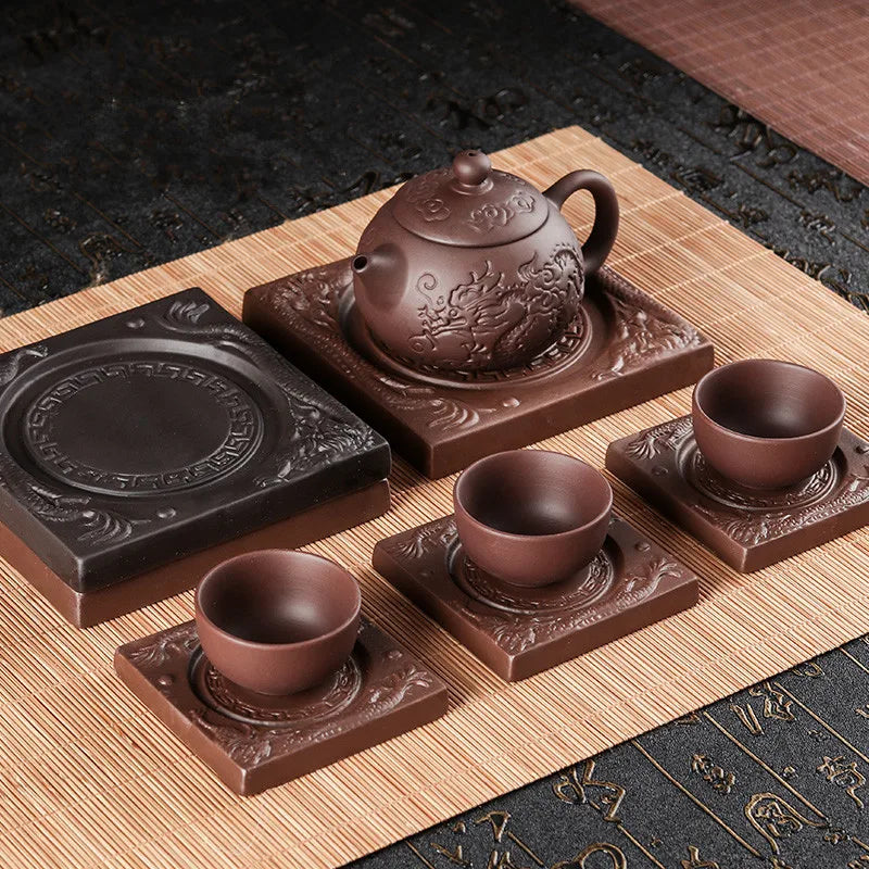 Yixing Double Dragon Purple Clay Teapot Tray, Cup Saucer, Pot Holder, Heat Insulation Coaster, Kungfu Tea Accessories