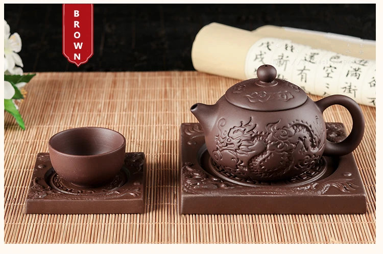Yixing Double Dragon Purple Clay Teapot Tray, Cup Saucer, Pot Holder, Heat Insulation Coaster, Kungfu Tea Accessories