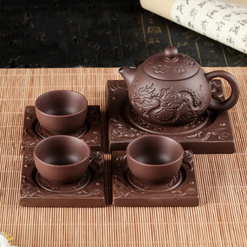 Yixing Double Dragon Purple Clay Teapot Tray, Cup Saucer, Pot Holder, Heat Insulation Coaster, Kungfu Tea Accessories