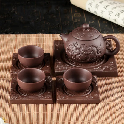 Yixing Double Dragon Purple Clay Teapot Tray, Cup Saucer, Pot Holder, Heat Insulation Coaster, Kungfu Tea Accessories