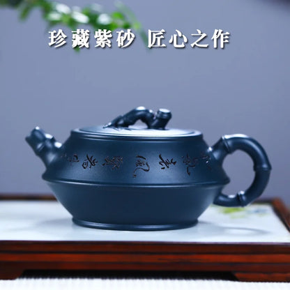 Yixing Handmade Purple Clay Pot Collection Day Blue Mash Easy-to-Pack Pulp Certificate Full Bamboo Line Combined with Water