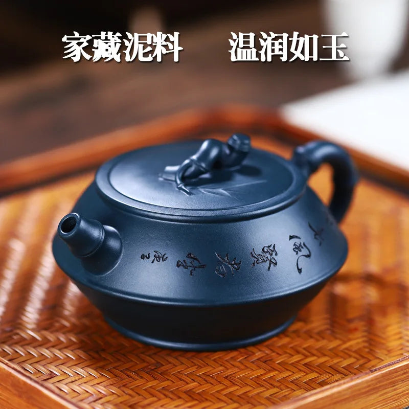 Yixing Handmade Purple Clay Pot Collection Day Blue Mash Easy-to-Pack Pulp Certificate Full Bamboo Line Combined with Water