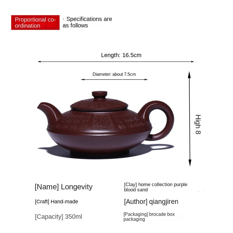 Yixing Handmade Purple Clay Pot Full Set Collection Purple Blood Sand Happiness and Longevity