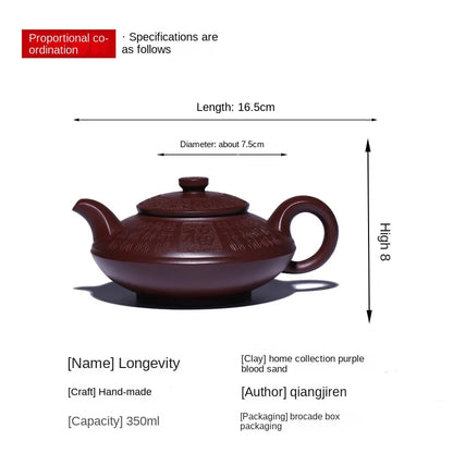 Yixing Handmade Purple Clay Pot Full Set Collection Purple Blood Sand Happiness and Longevity