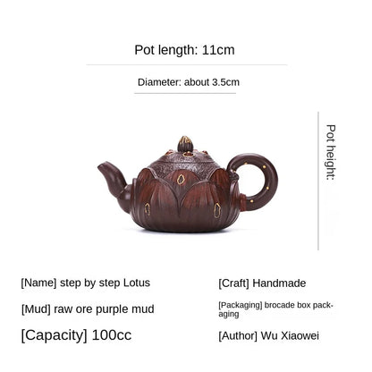 Yixing Handmade Purple Clay Pot Raw Ore Purple Clay Mini Pot Step-by-Step Lotus Easy-Coated Pulp Water Smooth Drip-Free