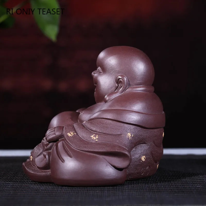 Yixing Handmade Purple Clay Tea Pet Maitreya Buddha Statue Figure Ornaments Sculpture Crafts Chinese Zisha Tea Set Decoration
