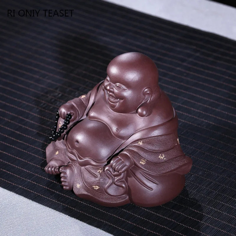Yixing Handmade Purple Clay Tea Pet Maitreya Buddha Statue Figure Ornaments Sculpture Crafts Chinese Zisha Tea Set Decoration