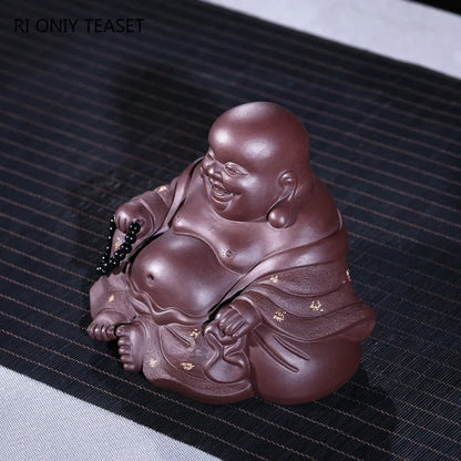 Yixing Handmade Purple Clay Tea Pet Maitreya Buddha Statue Figure Ornaments Sculpture Crafts Chinese Zisha Tea Set Decoration