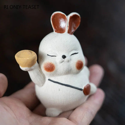 Yixing Handmade Purple Clay Tea Pet Zodiac White Rabbit Statue Ornaments Tea Figurine Chinese Zisha Sculpture Tea Set Decoration
