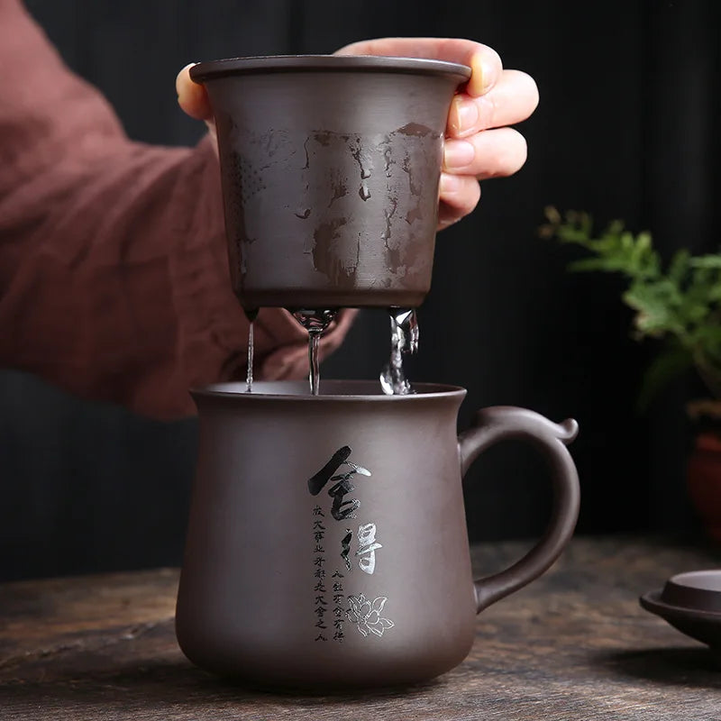 Yixing Handmade Purple Clay Teacup With Filter Tea separation Office personal Water Cup Travel Tea Set Household Drinkware 430ml