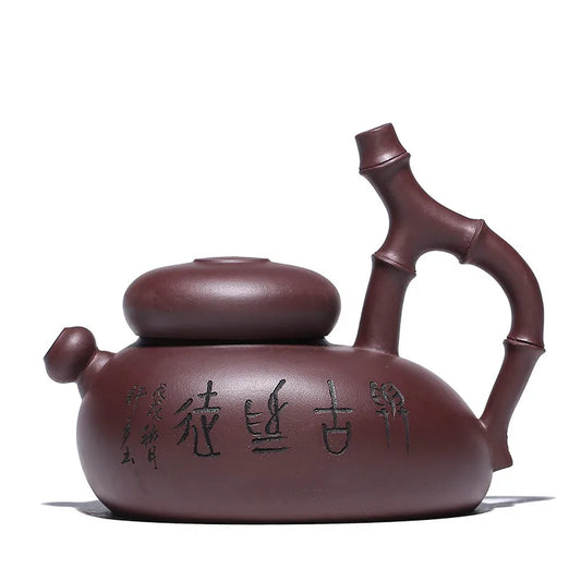 Yixing-Handmade Purple Clay Teapot Set, Famous Creative Purple Sand Pot, Handmade Bamboo Drinkware