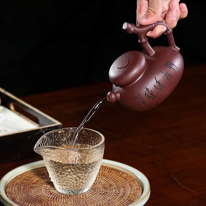 Yixing-Handmade Purple Clay Teapot Set, Famous Creative Purple Sand Pot, Handmade Bamboo Drinkware