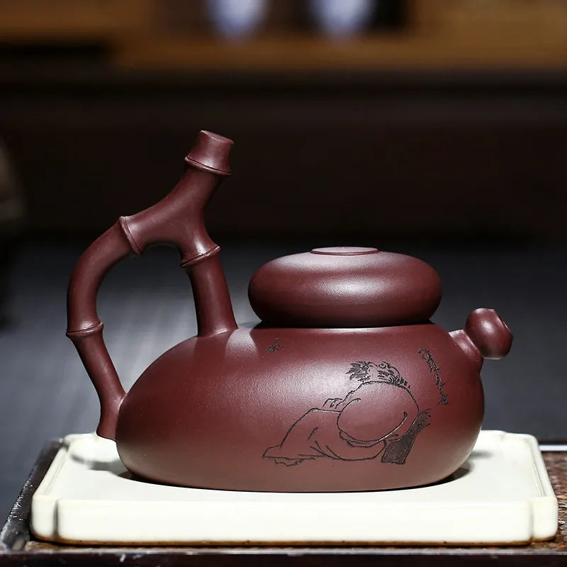 Yixing-Handmade Purple Clay Teapot Set, Famous Creative Purple Sand Pot, Handmade Bamboo Drinkware