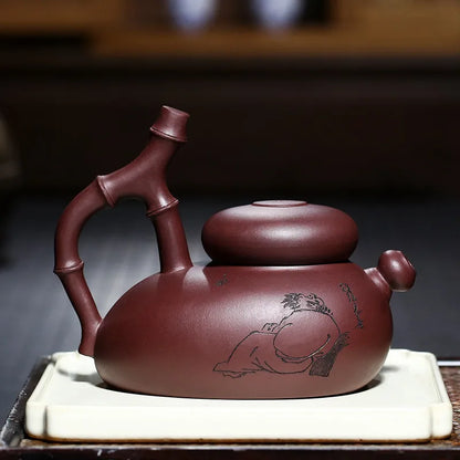 Yixing-Handmade Purple Clay Teapot Set, Famous Creative Purple Sand Pot, Handmade Bamboo Drinkware
