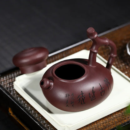 Yixing-Handmade Purple Clay Teapot Set, Famous Creative Purple Sand Pot, Handmade Bamboo Drinkware