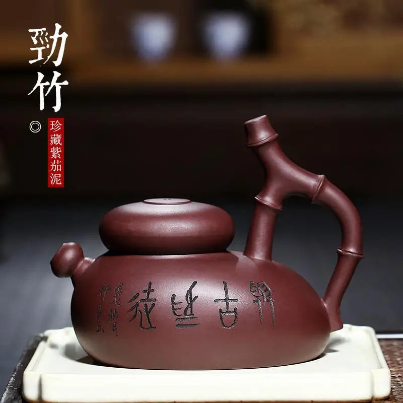 Yixing-Handmade Purple Clay Teapot Set, Famous Creative Purple Sand Pot, Handmade Bamboo Drinkware