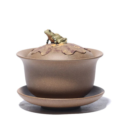 Yixing-Handmade Raw Ore Purple Sand Cover Bowl, Frog Singing, Three Talents Tea Set, Retro Drinkwear Suit for Greentea