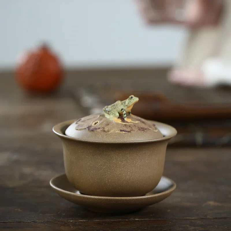 Yixing-Handmade Raw Ore Purple Sand Cover Bowl, Frog Singing, Three Talents Tea Set, Retro Drinkwear Suit for Greentea