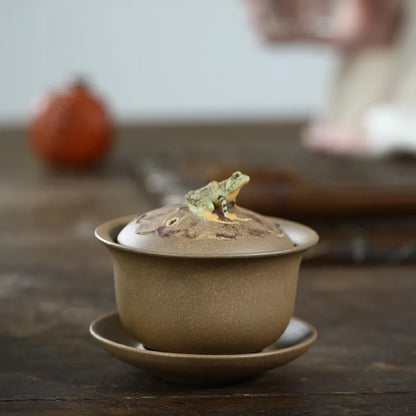 Yixing-Handmade Raw Ore Purple Sand Cover Bowl, Frog Singing, Three Talents Tea Set, Retro Drinkwear Suit for Greentea