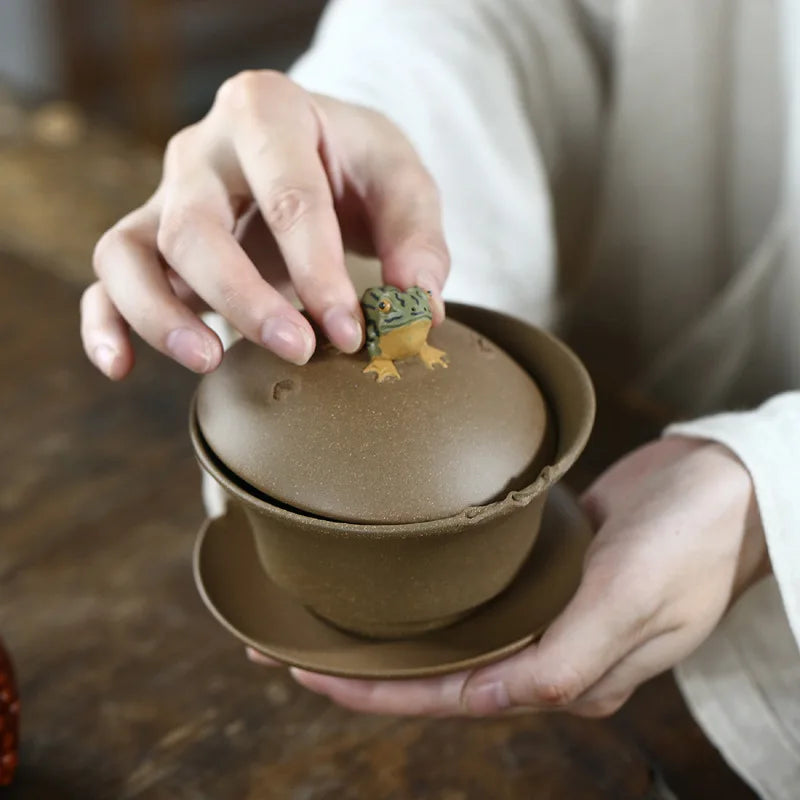 Yixing-Handmade Raw Ore Purple Sand Cover Bowl, Frog Singing, Three Talents Tea Set, Retro Drinkwear Suit for Greentea
