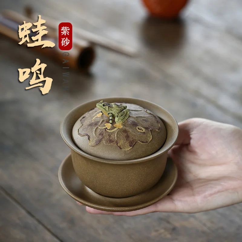Yixing-Handmade Raw Ore Purple Sand Cover Bowl, Frog Singing, Three Talents Tea Set, Retro Drinkwear Suit for Greentea