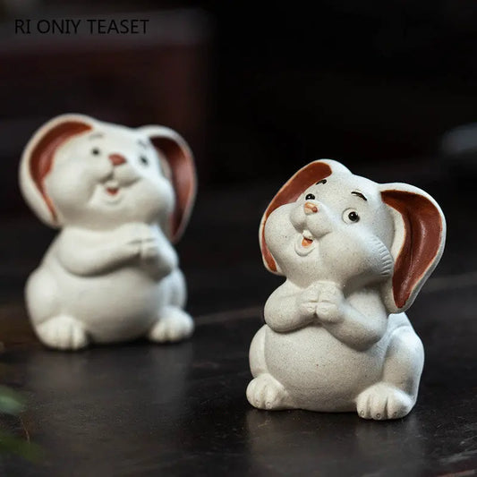 Yixing Handmade Sculpture Purple Clay Tea Pet Zodiac White Rabbit Statue Ornaments Tea Figurine Chinese Zisha Tea Set Decoration