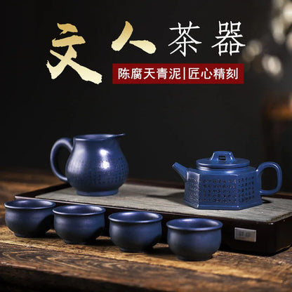Yixing Handmade Yixing Clay Teapot Aged Azure Mud Fender Square Heart Blue Easy to Pack Water