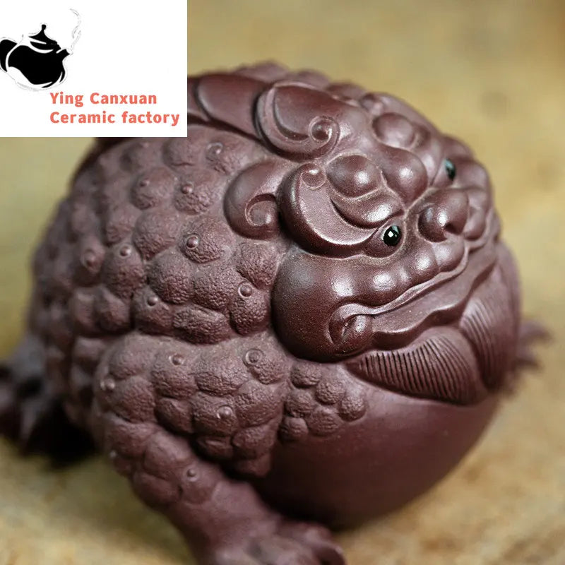 Yixing High-end Purple Clay Sculpture Tea Pet Lucky Fortune Golden Toad Statue Tea Figurine Ornaments Home Tea Set Decoration