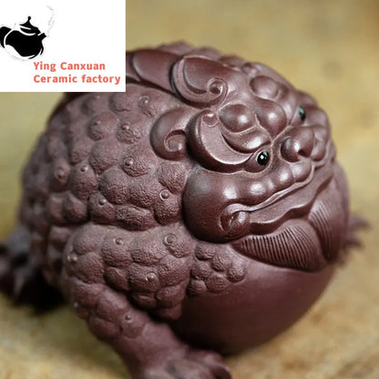 Yixing High-end Purple Clay Sculpture Tea Pet Lucky Fortune Golden Toad Statue Tea Figurine Ornaments Home Tea Set Decoration