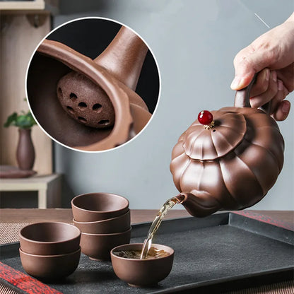 Yixing-Large Capacity Kungfu Tea Pot, Purple Clay Pot, Water Chestnut Laughing Cherry Pot, Handmade, Large Capacity Kettle