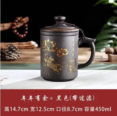 Yixing-Men's Large Capacity Purple Sand Tea Cup with Cover, Tea Set, Office, Ceramic, Household, Personal Water Cup, Handmade