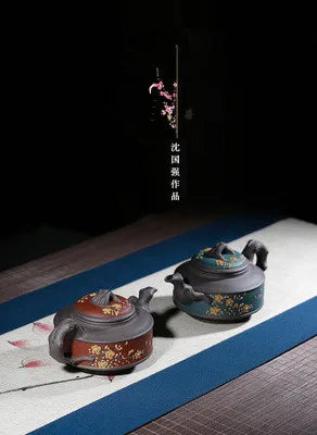 Yixing Original Mine Authentic Purple Sand Teapot Famous Painted Applique Black Mud Plum Purple Pot Kung Fu Black Tea Teaware