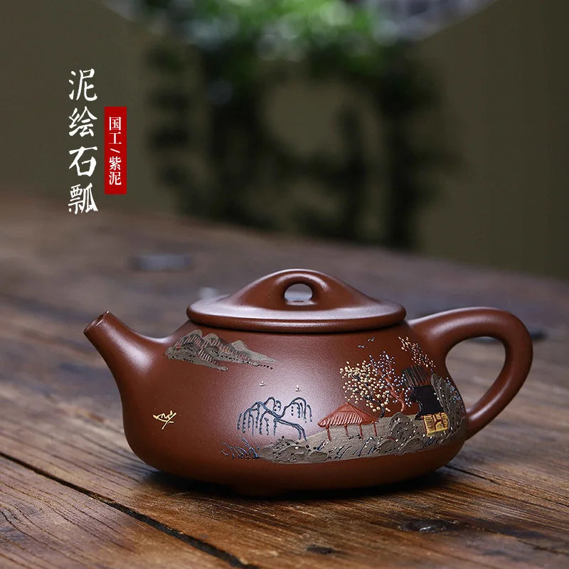 Yixing-Original Ore Purple Clay Teapot, Handmade Purple Clay Mud Painted Scenery Boat Stone Scoop, Large Capacity Chinese Pot