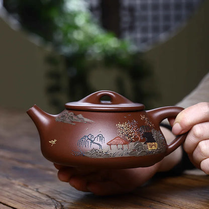 Yixing-Original Ore Purple Clay Teapot, Handmade Purple Clay Mud Painted Scenery Boat Stone Scoop, Large Capacity Chinese Pot
